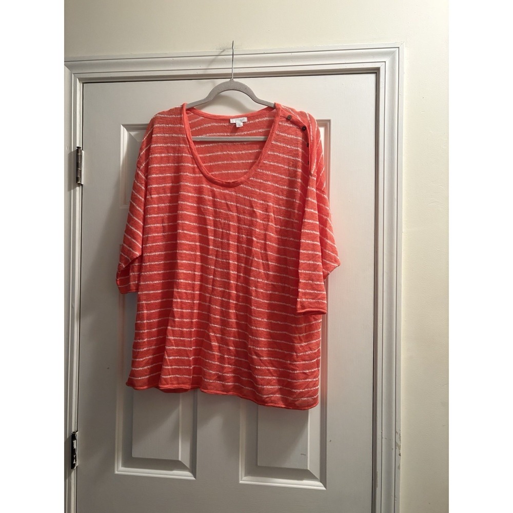 J. Jill Orange/Coral White Striped Linen Blend Knit 3/4 Sleeve Women's Plus 2XL